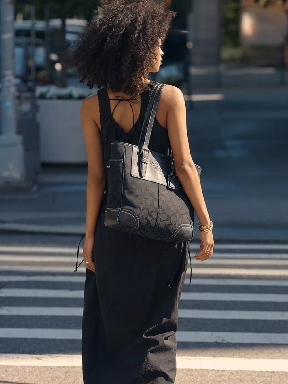 Vintage COACH Legacy Signature Black Canvas/Leather Medium Tote Bag - Turnlock